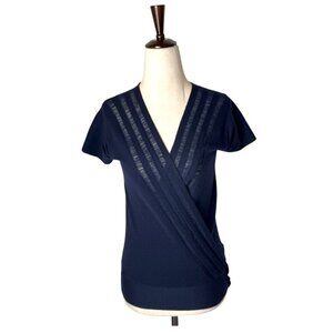 Theory Sweater Women XS‎ Navy Blue Wool Knit Wrap Fringe Detail Luxury Preppy